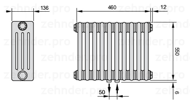 Схема (чертеж) Радиатор Zehnder Charleston 4055/10 №5410 Белый глянцевый RAL 9016